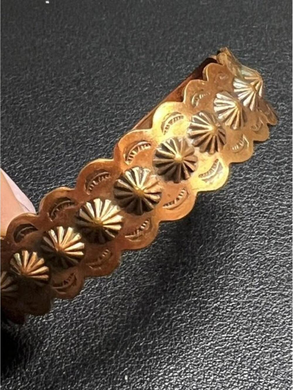 B4822 Vintage COPPER BELL Cuff Bracelet Stamped Scalloped Concho Copper 6.5"